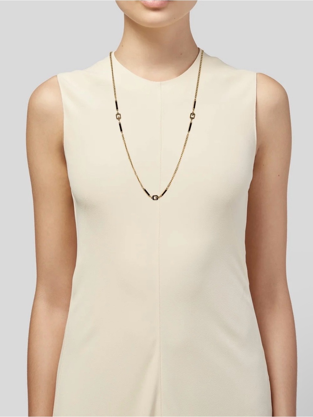 Vintage Givenchy Black Enamel & Gold-Tone G Logo Station Curb Chain Necklace 30”